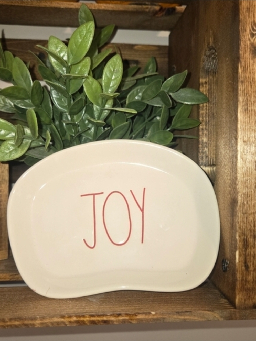 Rae Dunn Cream Ceramic 'JOY' Trinket Tray with Red Lettering